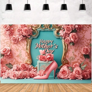 Pink Mother's Day floral backdrop with high heels and golden frame for photography