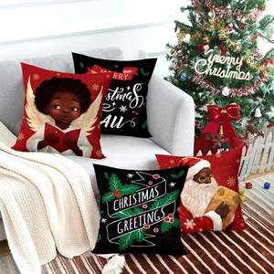 Set di 4 federe per cuscini natalizi con Babbo Natale nero, angelo e scritte di auguri