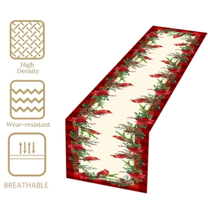 Detail of Christmas table runner with cardinal bird and poinsettia on festive plaid edges