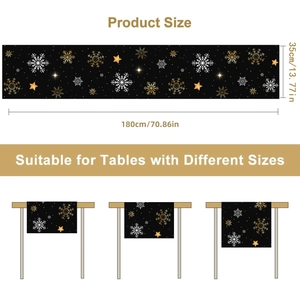 Christmas table runner with gold snowflakes and stars, black polyester, 180x35cm size chart