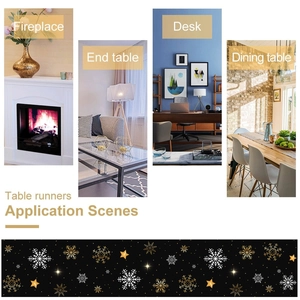 Black Christmas table runner with gold snowflakes and stars for festive dining table decor