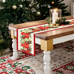 Christmas poinsettia table runner 180x35cm with red borders for festive dining decor