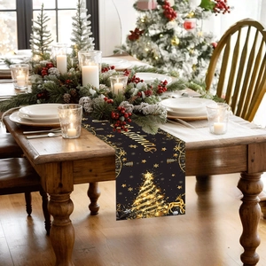 Black Gold Christmas Table Runner Polyester Printed Reindeer Tree Festive Tablecloth For Dining Holiday Party Decoration