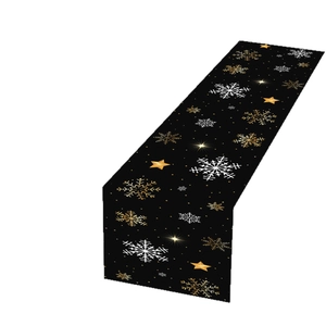 Black Christmas table runner with gold snowflakes and stars, 180x35cm polyester fabric