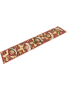 Detailed pattern of gingerbread man table runner with festive red and green stripes