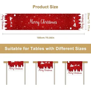 Red Merry Christmas table runner with Santa sleigh and snowflakes, size 35x180cm