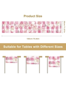 Size guide for Christmas table runner with pink plaid and Santa Claus prints