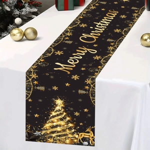 Black Christmas table runner with golden reindeer and Christmas tree 180x35cm