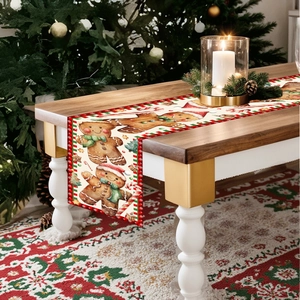 Christmas table runner with gingerbread man and candy cane patterns on wooden table