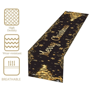 High-density black Christmas table runner with golden deer and tree patterns