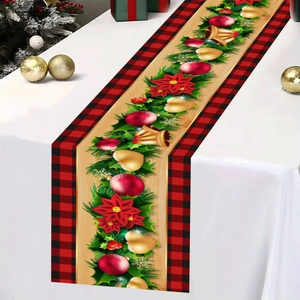 Christmas table runner with buffalo plaid, poinsettias, and bells on a wood grain background