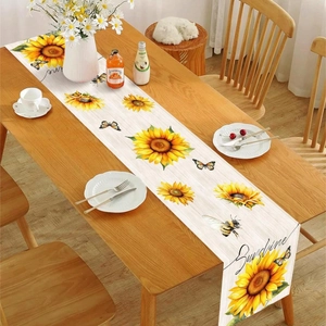 Sunflower and butterfly table runner with sunshine print on rustic wood background