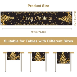 Black and gold Christmas table runner with reindeer and tree patterns 180x35cm