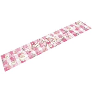Pink gingham Christmas table runner with Santa Claus motifs and Merry Christmas text