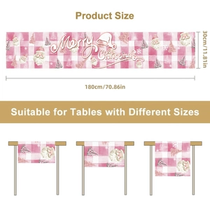 Pink buffalo check Christmas table runner with Santa Claus and 180x30cm size guide