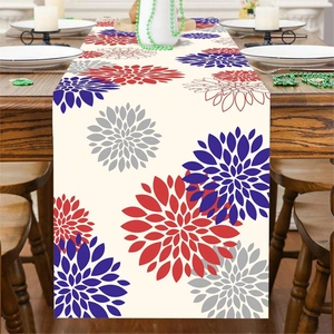 Floral table runner with blue and red daisy patterns for wedding and holiday decor