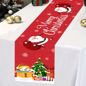 Festive red Christmas table runner with Santa, snowman and Merry Christmas print