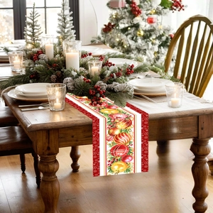 Christmas Table Runner Colorful Ornament Balls Pine Leaves Polyester Festive Decorative Tablecloth For Holiday Party Home Dinner Decor