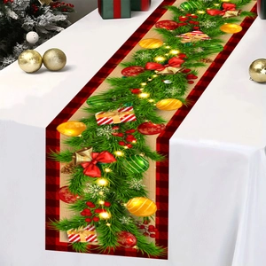 Christmas table runner with red black buffalo plaid border and pine wreath patterns