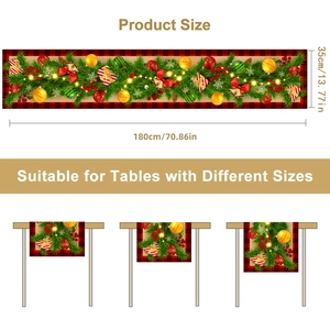 Christmas table runner with red buffalo plaid, pine branches, and bells, 180x35cm size chart