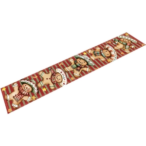 Christmas table runner with colorful gingerbread man and festive candy cane stripes