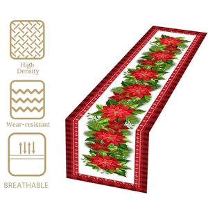 Chemin de table de Noël à motif poinsettia et carreaux rouges, haute densité et résistant