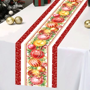 Polyester Christmas table runner with festive ornaments and pine needles on white table