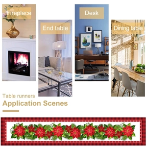 Chemin de table de Noël avec poinsettias et bordures à carreaux rouges pour décor