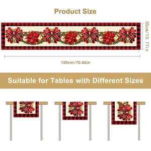 Christmas table runner with red floral patterns and red-black checkered borders, 180x35cm