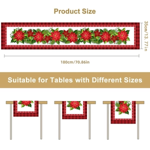 Chemin de table de Noël avec poinsettias, bordures à carreaux rouges et dimensions
