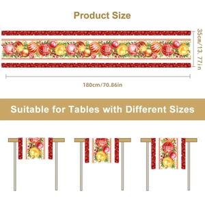 Christmas table runner with red gold ornaments and green leaves, 180x35cm polyester fabric