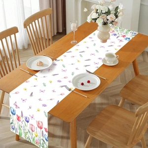 Floral spring table runner with tulips and lavender on a modern wooden dining table