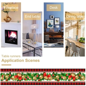 Red and black buffalo plaid Christmas table runner showing four home decor applications