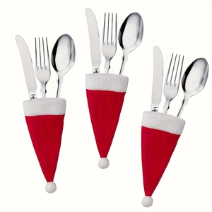 Mini Christmas hat cutlery holders set with red and white pompom for holiday table decor