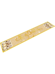 Detailed view of yellow Christmas table runner featuring vintage singing girls illustration