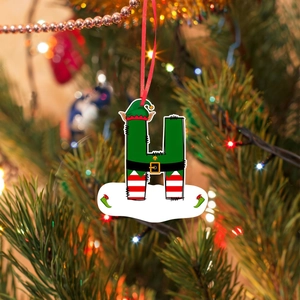 Christmas tree elf letter H ornament with personalized area and red silk hanging string
