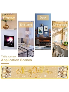 Golden Merry Christmas table runner with angels displayed on fireplace and dining table