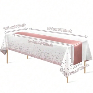 Polyester festive tablecloth set in white and pink dots with satin runner 137x274cm