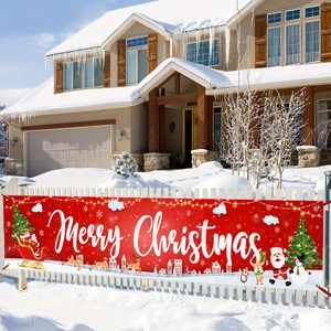 Merry Christmas outdoor banner for fence featuring Santa sleigh and reindeer patterns