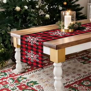 Runner da Tavola Natalizio Buffalo Plaid Con Stampa Fiocco di Neve Rosso Nero Quadri Tessuto Decorazioni per Casa Festa