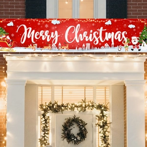 Outdoor Christmas banner with Merry Christmas text and festive cartoon illustrations