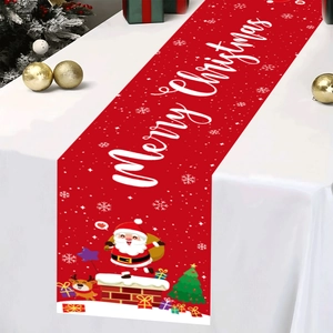 Festive red Merry Christmas table runner with Santa Claus, reindeer and tree patterns
