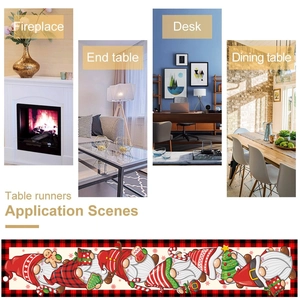 Christmas gnome table runner with buffalo plaid border for fireplace and dining decor