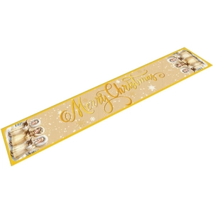 Golden Christmas table runner with Merry Christmas text and singing angel illustrations