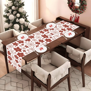 Christmas Table Runner Polyester Poinsettia Floral Print For Dining Table Winter Party Home Desktop Centerpiece Decoration