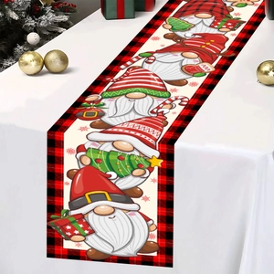 Christmas Gnome Buffalo Plaid Table Runner with festive holiday decorations on a dining table