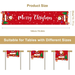 Red Christmas table runner with Santa and Reindeer design, 180x35cm size specifications