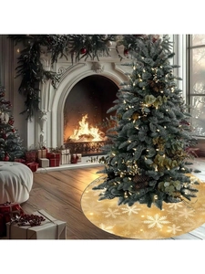 Detail of gold Christmas tree skirt with white glitter snowflakes in festive room