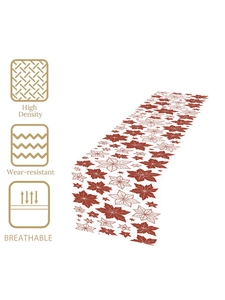 Close-up of high-density Christmas poinsettia table runner showing fabric texture and icons
