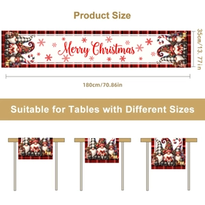 Christmas table runner with red black plaid trim, gnomes and Merry Christmas design